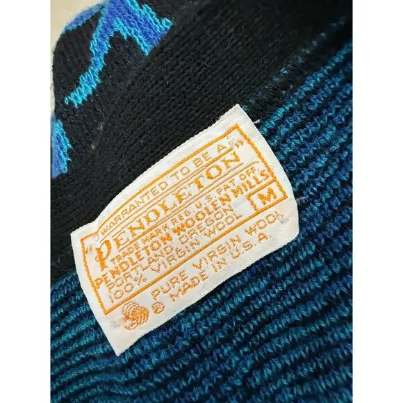 VINTAGE 70s PENDLETON Womens Black Blue Cardigan Size M 100% Virgin Wool Vneck - Picture 4 of 4